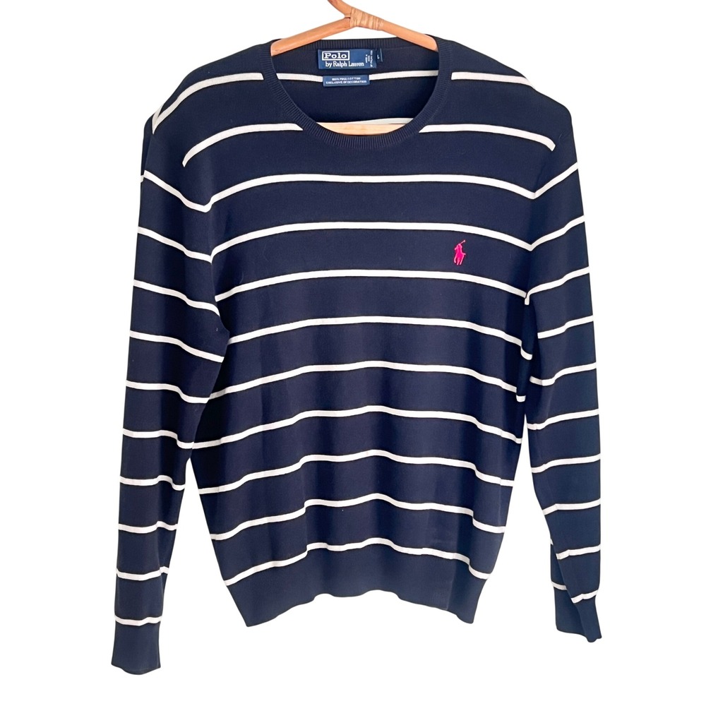 Polo Ralph Lauren Sweater L Mens Pima Cotton Striped Navy Blue Pink Pony Prep